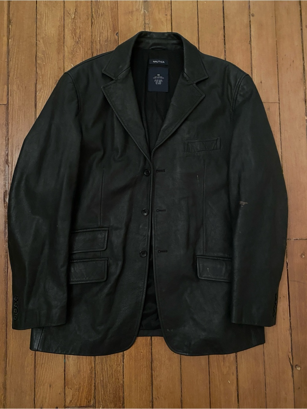 Nautica Men's Black Leather Blazer Jacket - Classic Three-Button